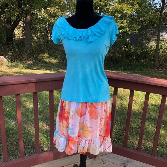 Wrapper 2-Piece Ruffle Top & Floral Skirt Set – Aqua Blue & Orange – Boho Spring - Picture 3 of 15
